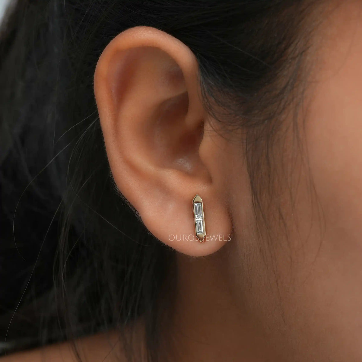 Baguette Cut Lab Grown Diamond Bar Stud Earrings Earrings