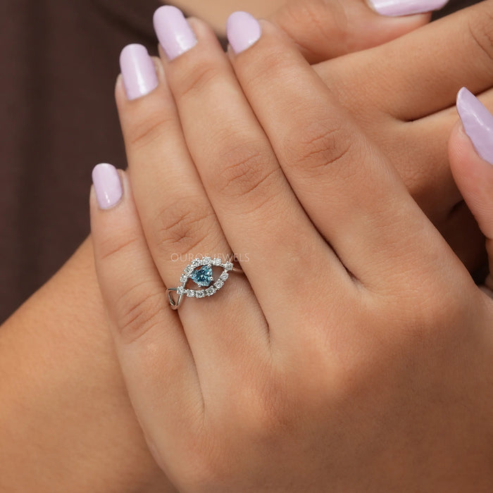 Shining heart shape colored diamond engagement ring, with unique touch of infinity shaped shank