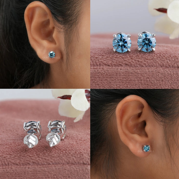 collages of blue round diamond basket setting flat back stud earrings white gold