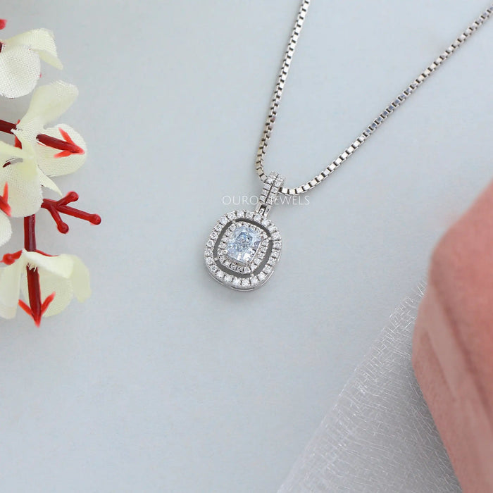 Cushion Cut Icy Blue Halo Diamond Necklace