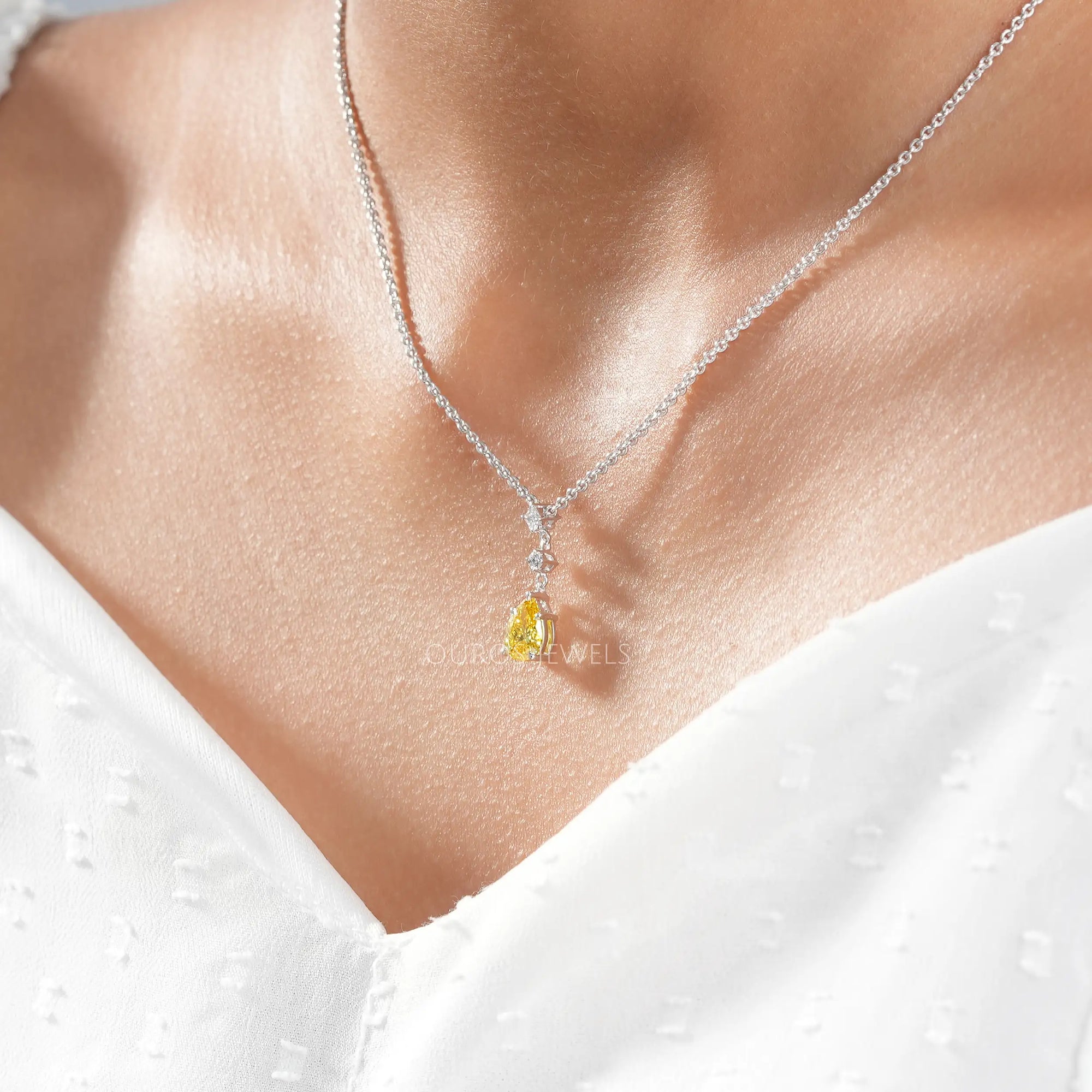 Yellow Pear Cut Three Stone Diamond Pendant Necklaces