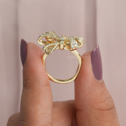 Round Diamond Cluster Ribbon Knot Bow Party Wear Ring