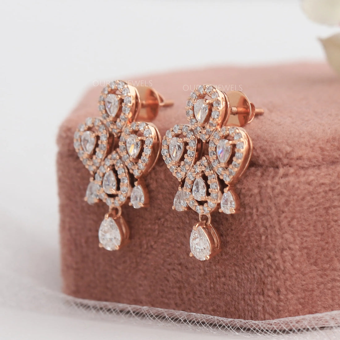 Flower Shape Pear Diamond Halo Earrings