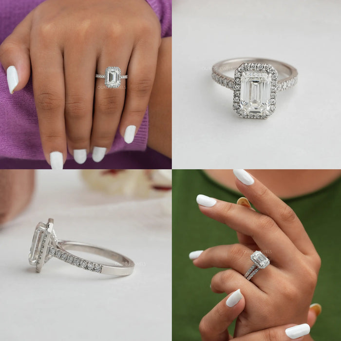 collage's of emerald cut lab diamond halo engagement ring