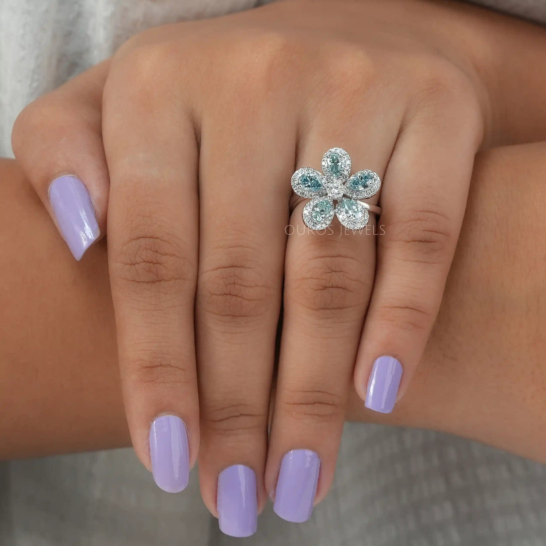 Light Blue Pear Diamond Halo Ring