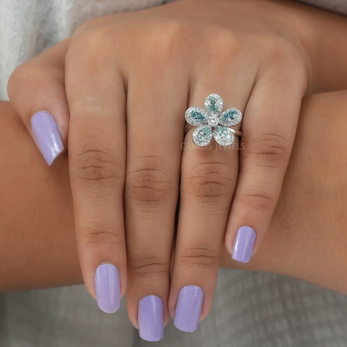Light Blue Pear Diamond Halo Ring
