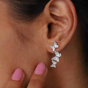 [A Women wearing Butterfly Diamond Drop Earrings]-[Ouros Jewels]