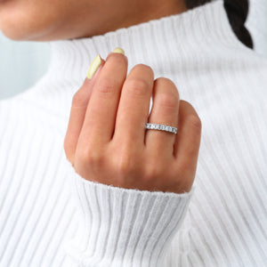 [A Women wearing Emerald Cut Half Eternity Ring]-[Ouros Jewels]