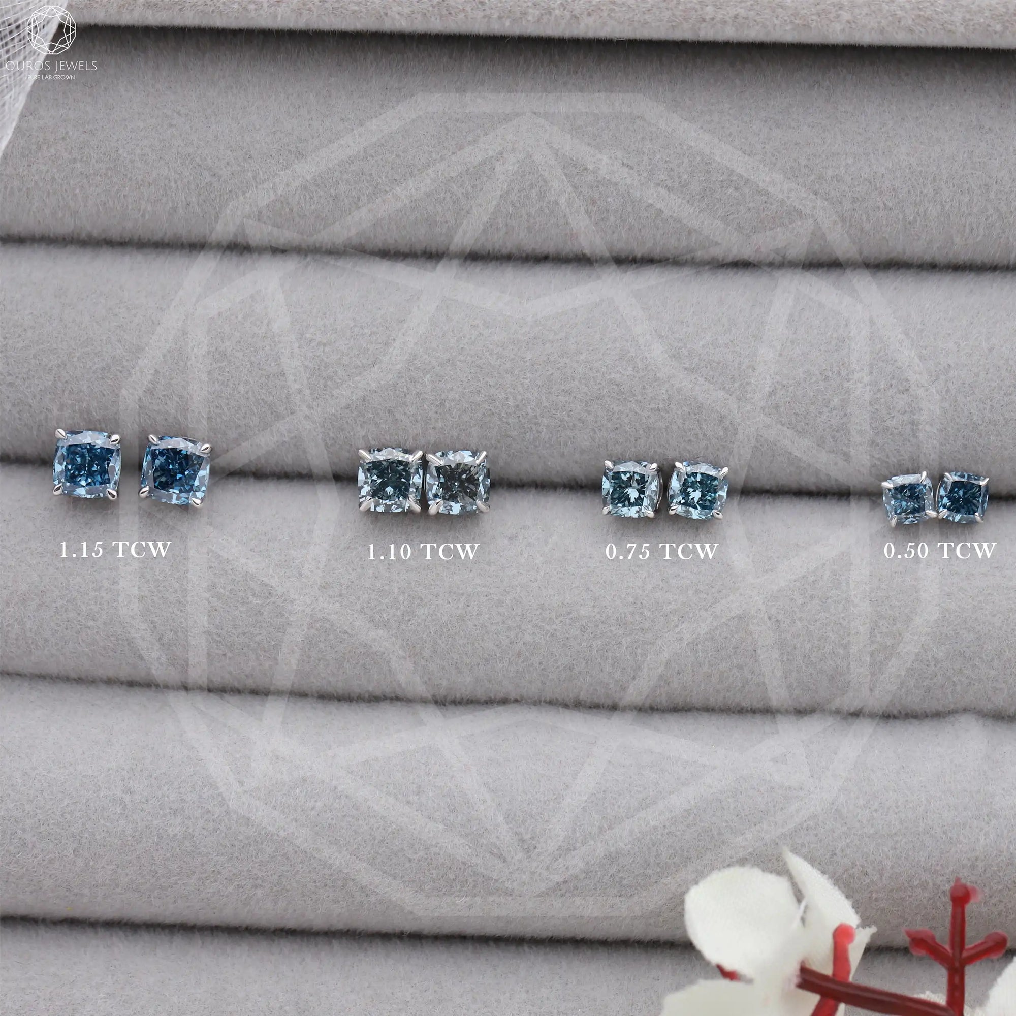 Blue Cushion Lab Grown Diamond Stud Earrings