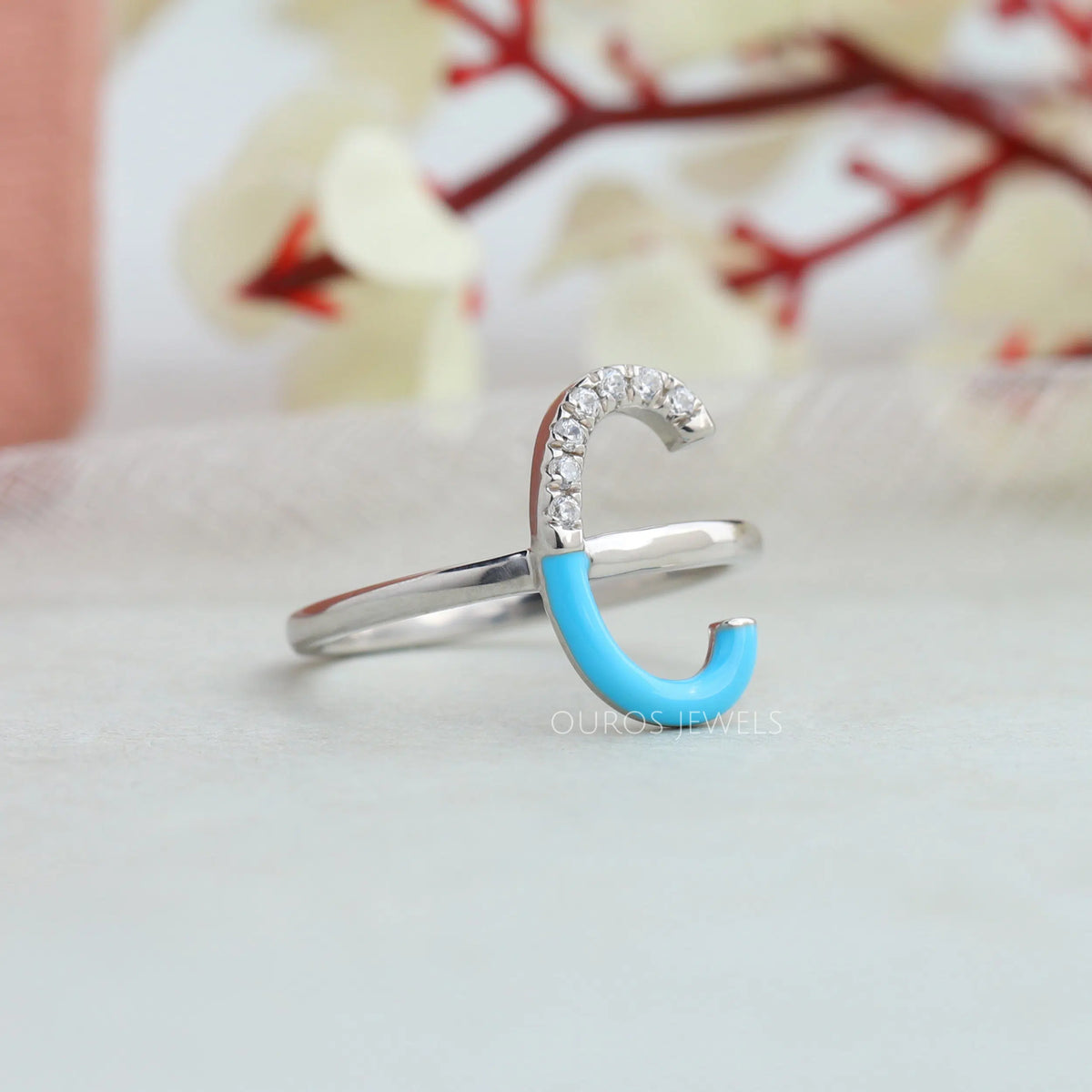 Round Cut Sky Enamel Engagement Ring Rings