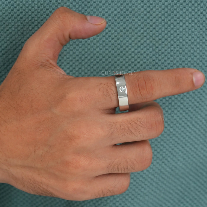 solitaire round shape diamond flush set white gold wedding band for him