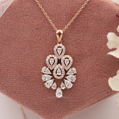 Flower Style Pear Cut Diamond Halo Pendant