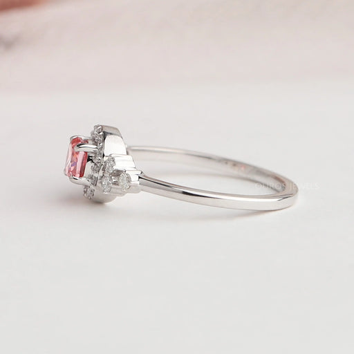 14k white gold shank of Fancy pink cushion cut diamond halo ring