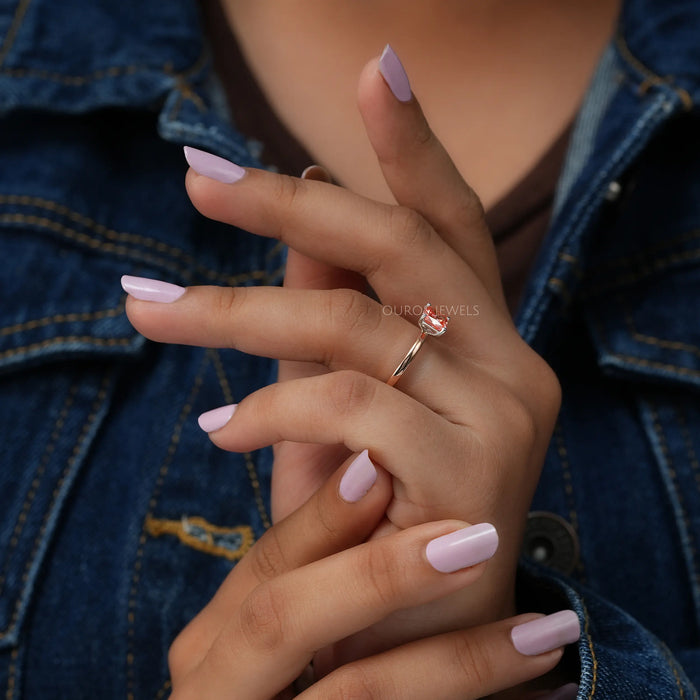 In Finger Side View Of Cushion Cut Lab Grown Diamond Engagement Ring