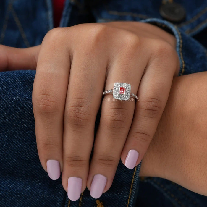 In finger look of pink princess cut lab created diamond double halo engagement ring