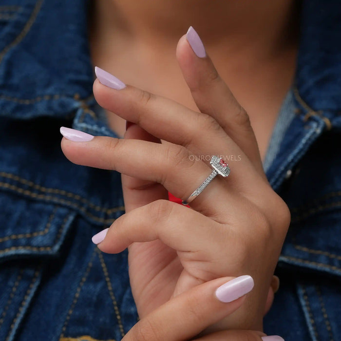 In finger side look of double halo engagement ring