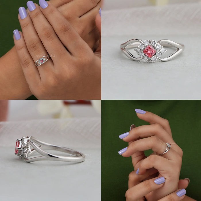 collages of pink princess-cut lab diamond halo split shank engagement ring