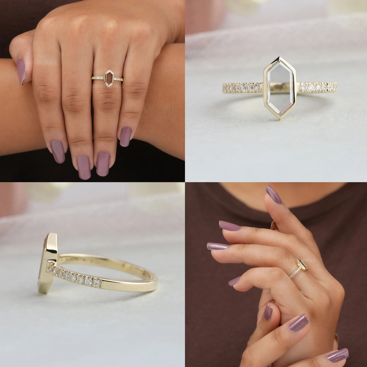 Hexagon Long Portrait Cut Diamond Solitaire Accent Ring
