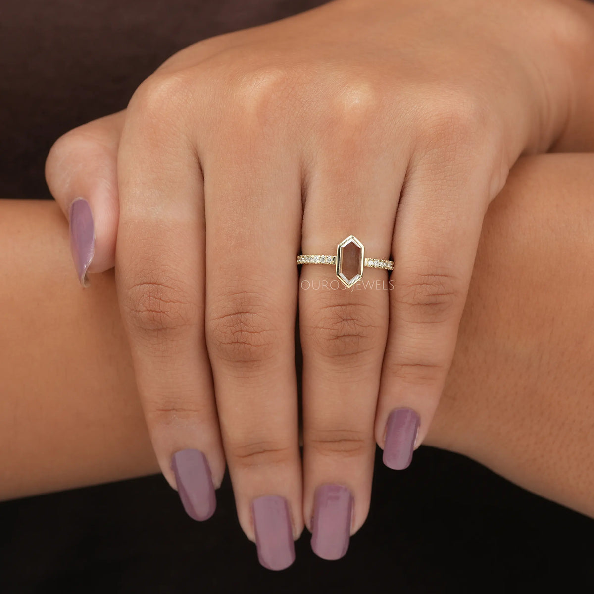 Hexagon Long Portrait Cut Diamond Solitaire Accent Ring
