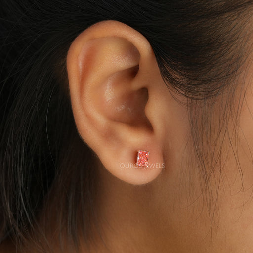 [A Women wearing Radiant Cut Pink Diamond Solitaire Earrings]-[Ouros Jewels]