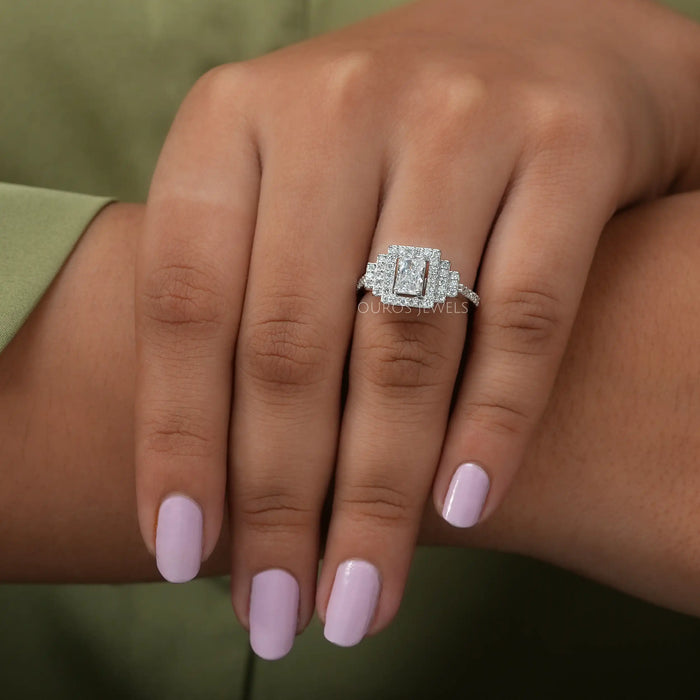 Lab made diamond halo engagement ring made with radiant diamond in halo style with round diamonds