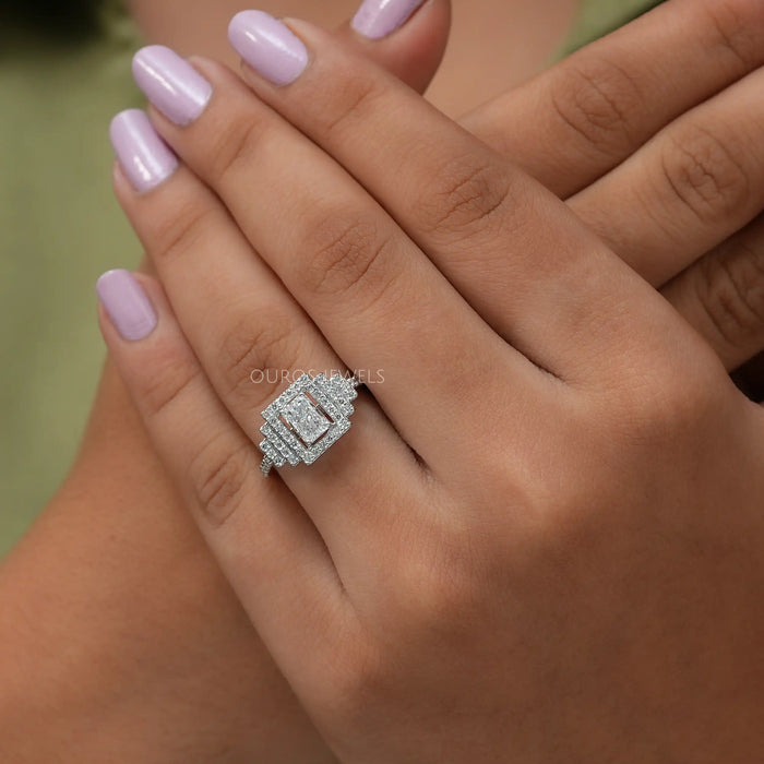 In finger look of vintage radiant cut lab created diamond engagement ring
