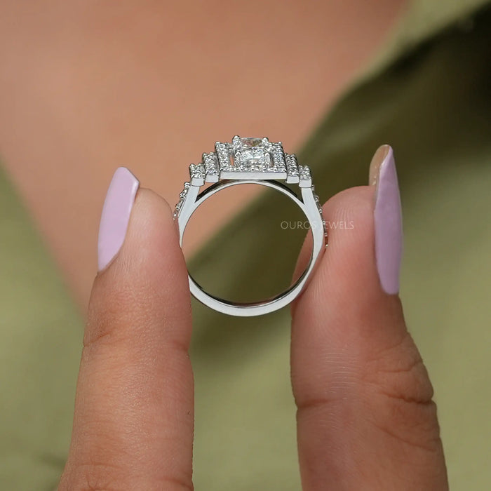 A close up look halo radiant cut engagement ring