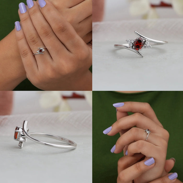 collages of red oval-cut lab-grown diamond bypass colored wedding band