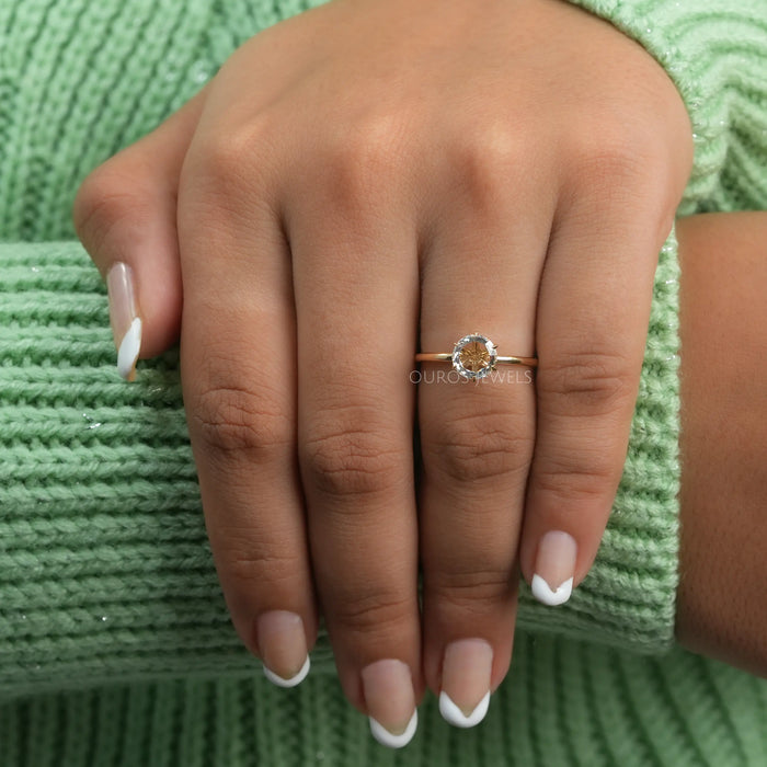 rose cut lab diamond 6 prong solitaire engagement ring in model's hand