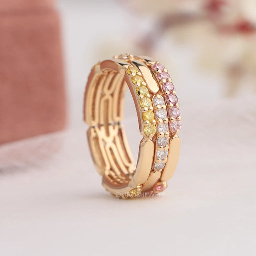 Yellow And Pink Colored Round Cut Diamond Eternity Band