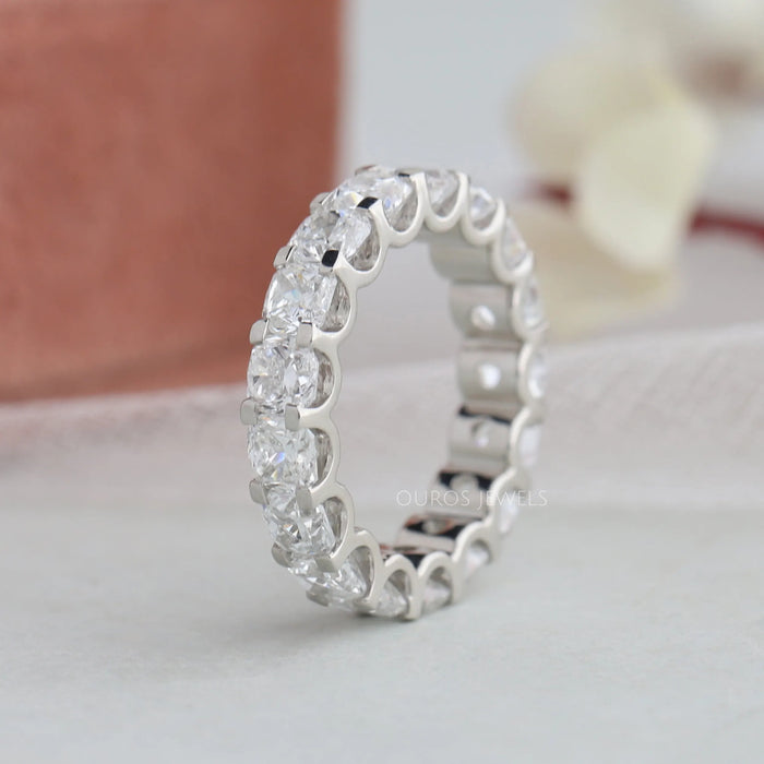 side view cushion cut man made diamond eternity band engagement ring white gold