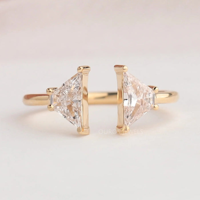 front view of antique trapezoid-cut lab diamond two-stone open cuff wedding band