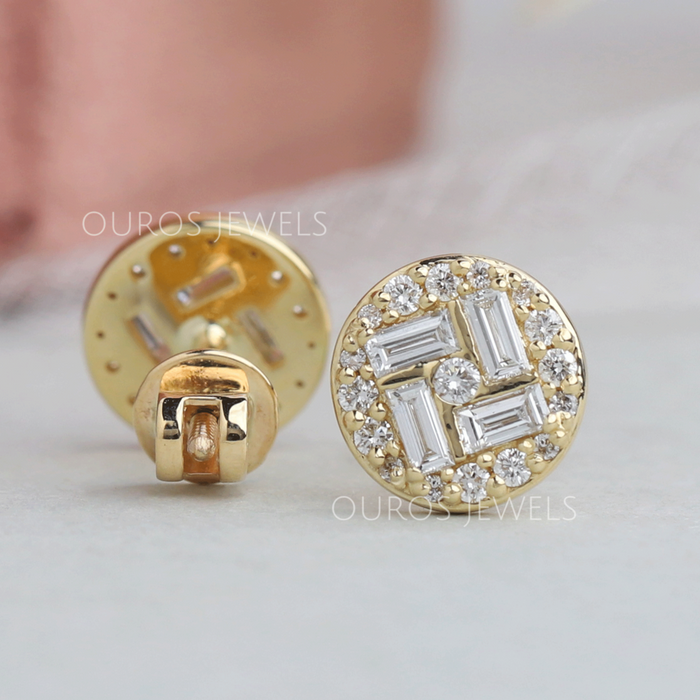 front and back view of baguette cluster man-made diamond stud earrings gold