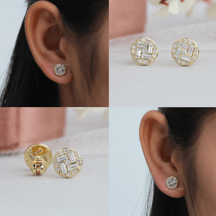 collages of baguette lab made diamond cluster stud earrings yellow gold