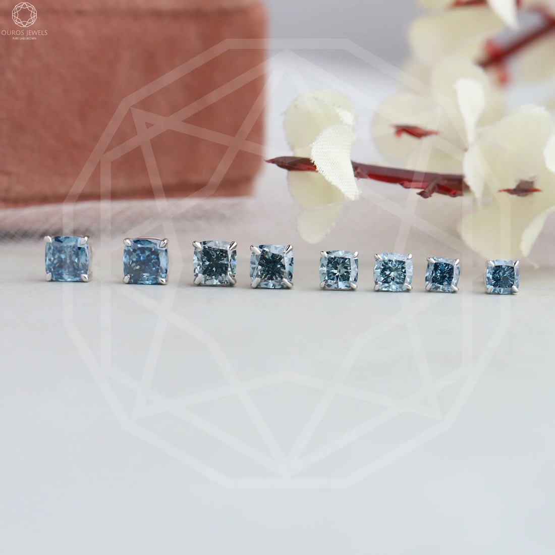 Blue Cushion Lab Grown Diamond Stud Earrings
