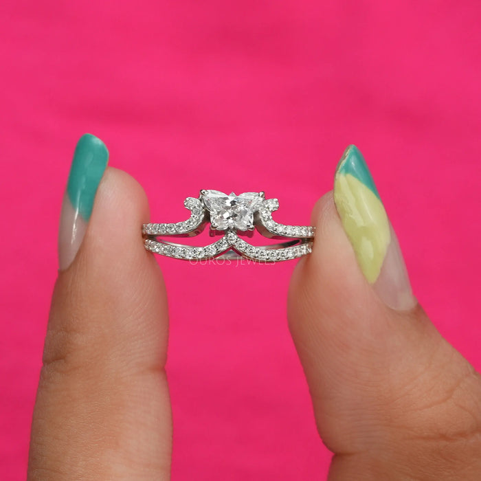 [A close up look of crown style dainty ring with butterfly shaped lab made diamond]-[Ouros Jewels]