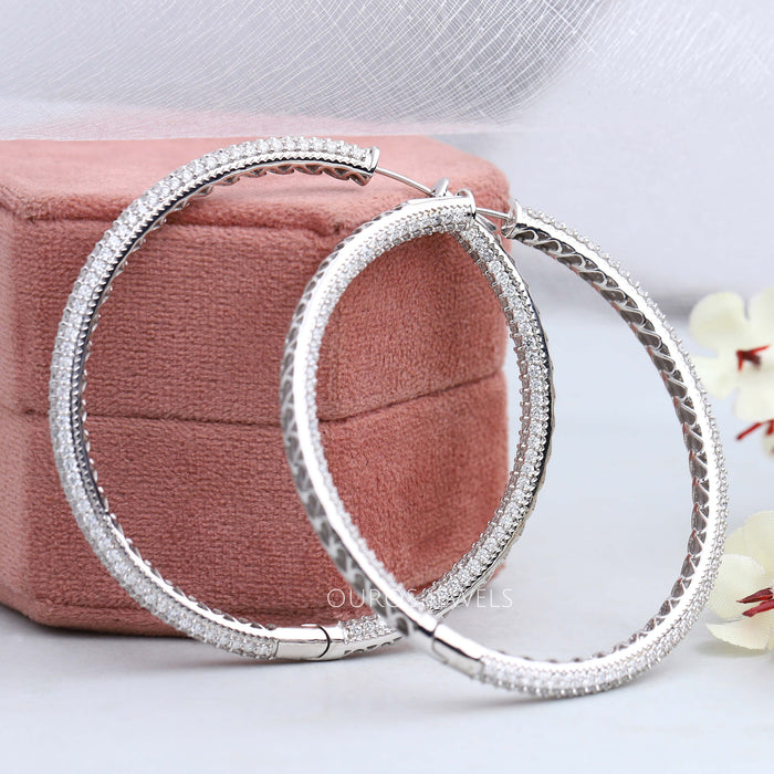 pave set round diamond hoop earrings