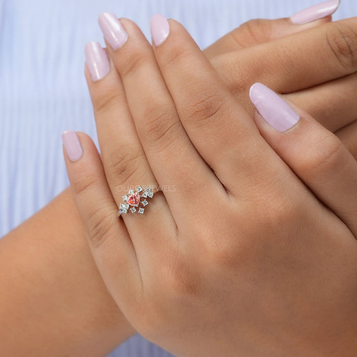 Heart shape lab created diamond engagement ring fully surrounded by round diamonds 