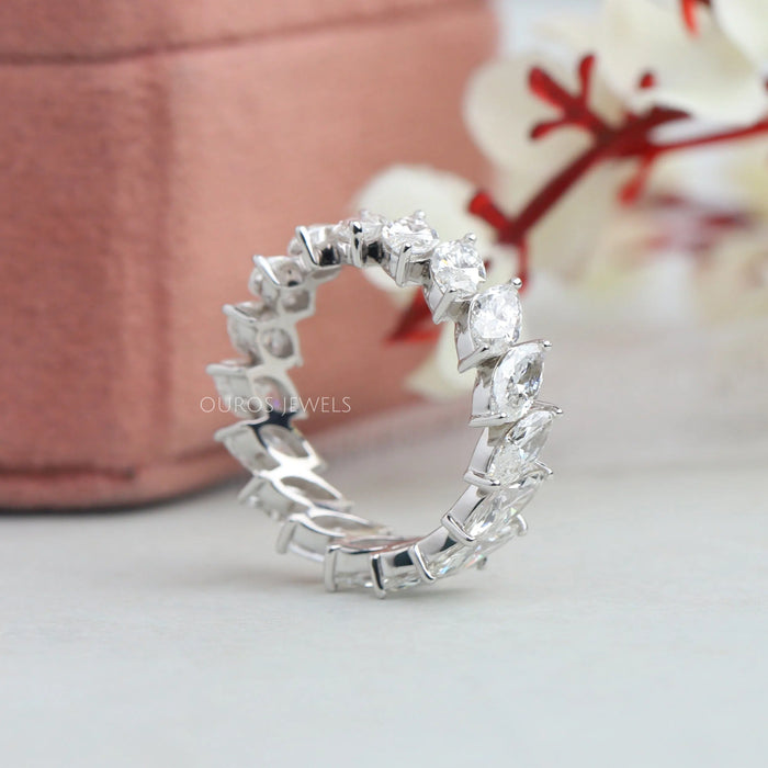 side view of marquise cut lab created diamond white gold eternity wedding ring