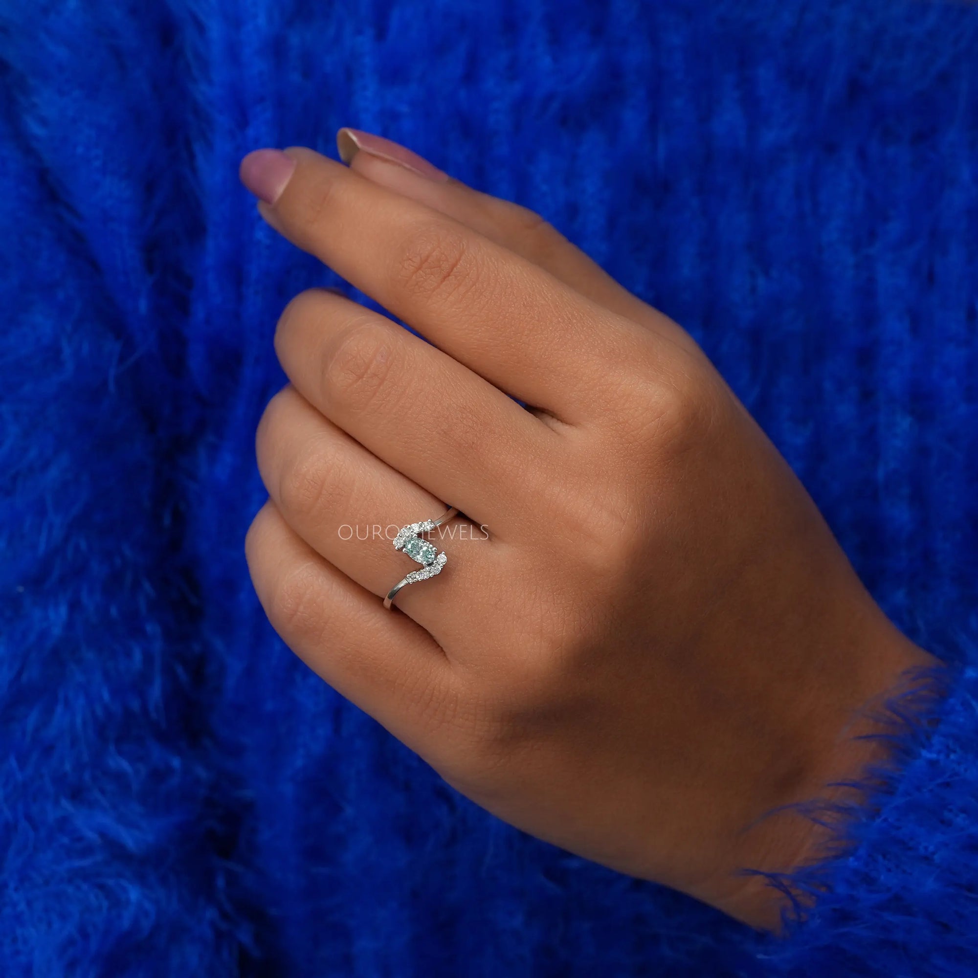 Green Oval Diamond Bypass Set Ring