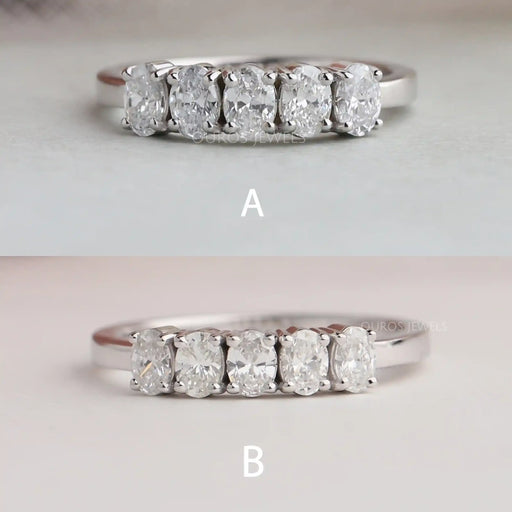 oval-cut lab diamond five-stone wedding ring with 2 different background views