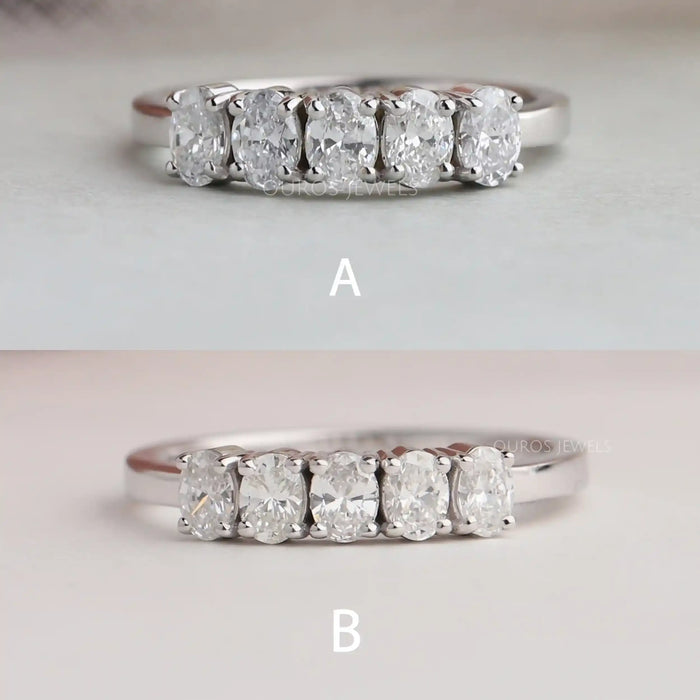 oval-cut lab diamond five-stone wedding ring with 2 different background views
