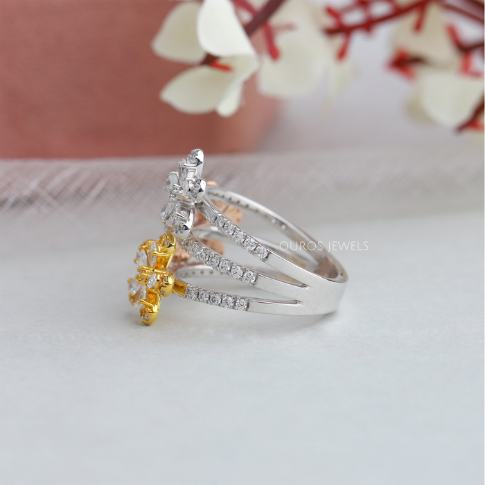 side view of three flower shape pear cut lab diamond bridal ring