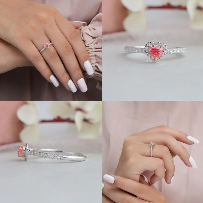 collage's of pink heart cut lab grown diamond halo engagement ring