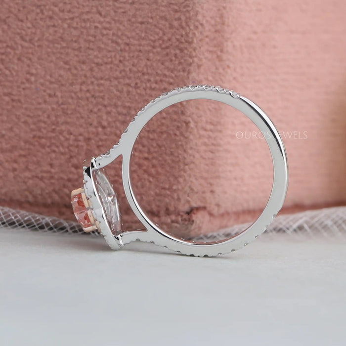 pink heart cut lab diamond double halo engagement ring's side view
