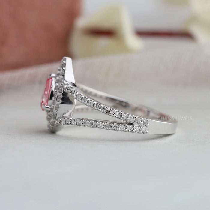 side view of pink pear cut lab diamond split double halo engagement ring