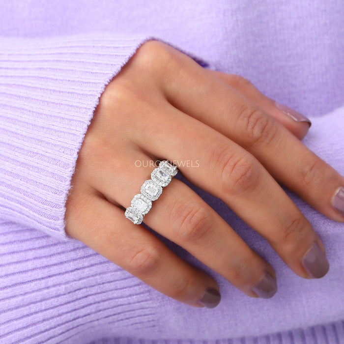 radiant cut lab grown diamond halo eternity band white gold in finger