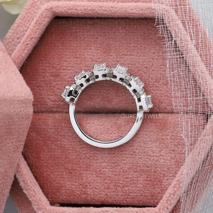 radiant cut diamond open gallery setting halo eternity ring white gold in box