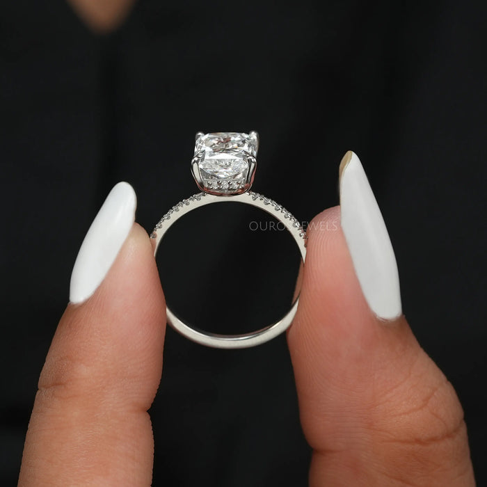 close view of radiant cut lab diamond hidden halo solitaire accent engagement ring