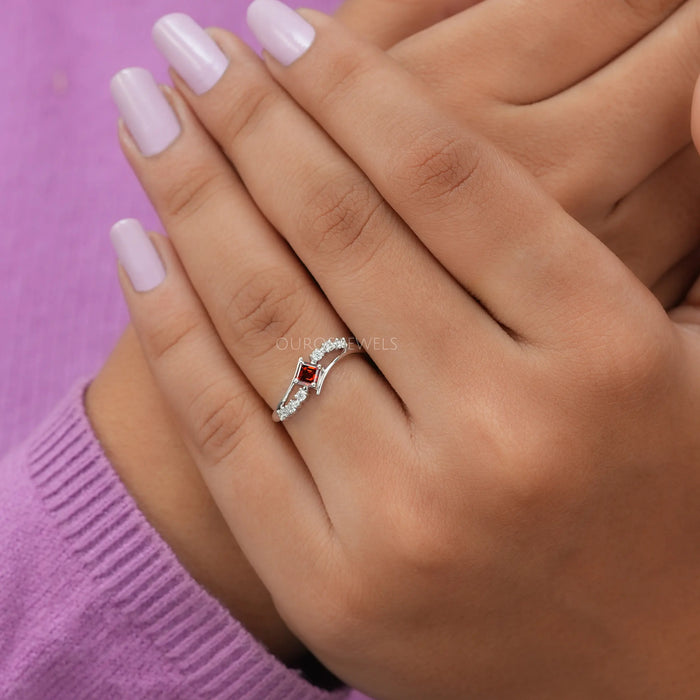 [A Women wearing Red Asscher Bypass Ring]-[Ouros Jewels]